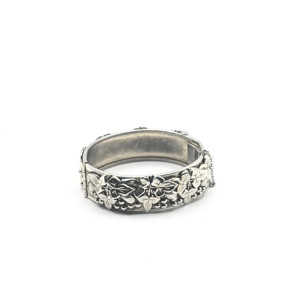 Vintage Silver Tone Embossed Floral Hinged Bangle Bracelet with Safety Chain